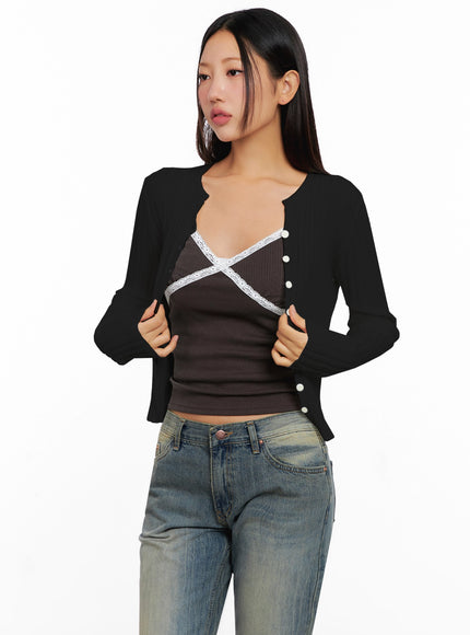 ribbed-slim-fit-cardigan-ig528 / Black