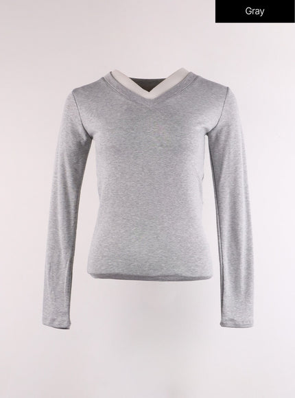 solid-v-neck-long-sleeve-if402 / Gray