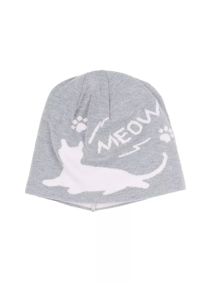 meow-print-two-way-beanie-iu518 / Gray