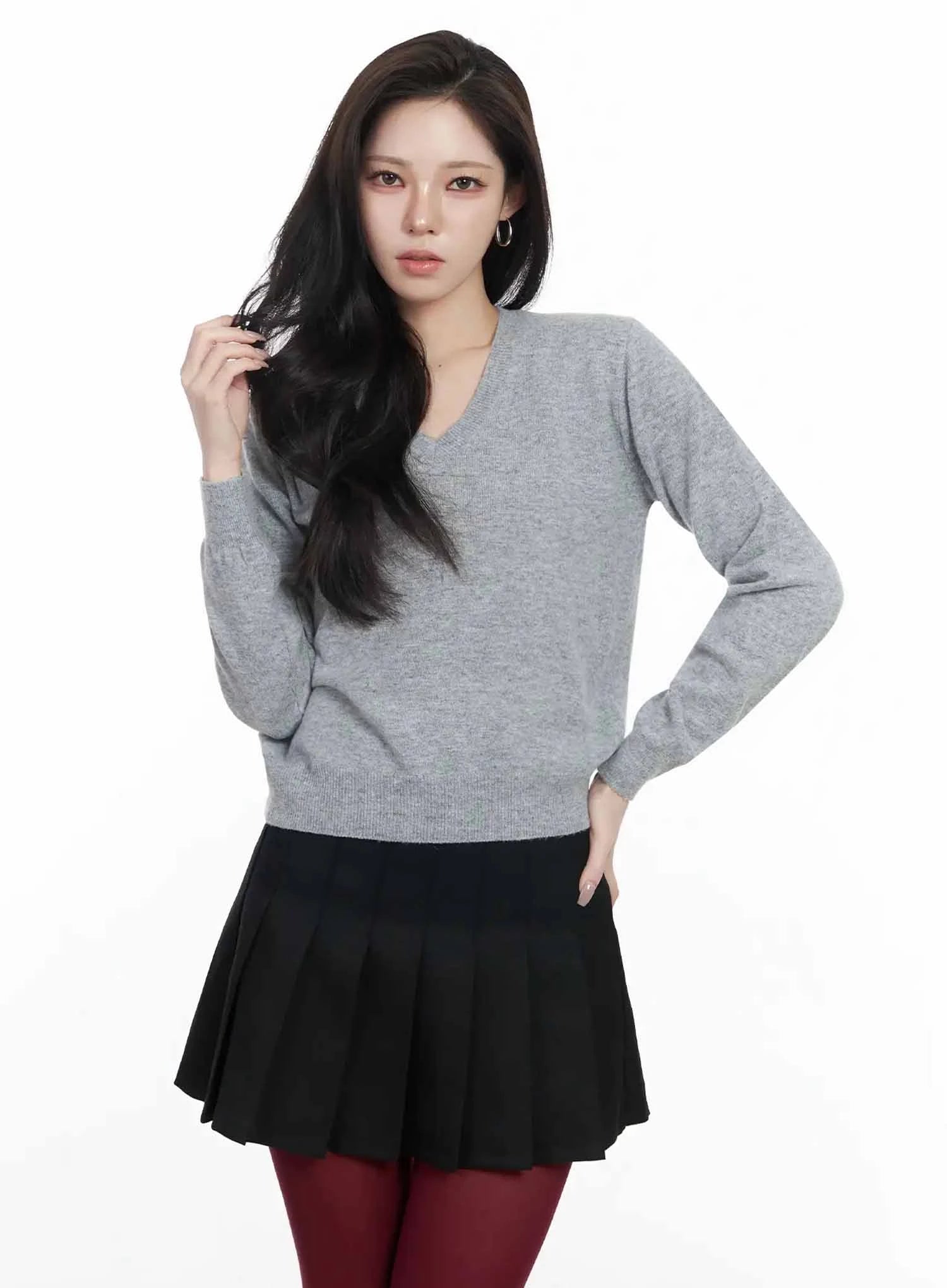 simple-cashmere-v-neck-knit-ij528 / Gray