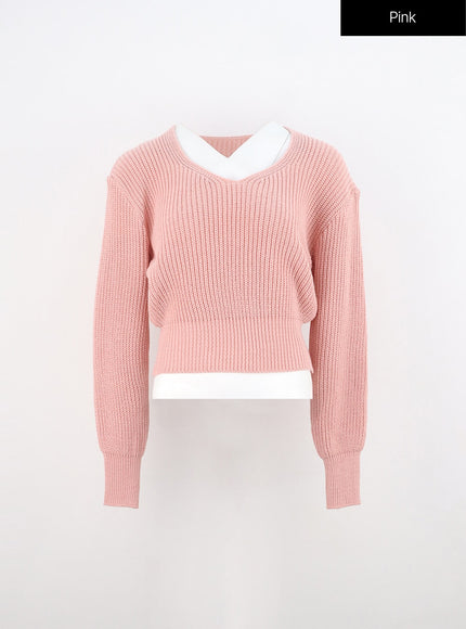 ribbed-v-neck-knit-top-in310 / Pink