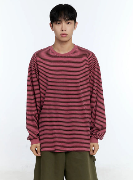 mens-striped-crewneck-long-sleeve-t-shirt-ig519 / Red