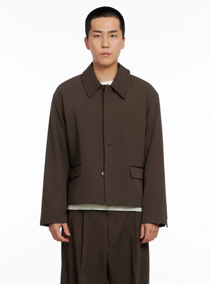 mens-cropped-button-up-jacket-is502 / Brown