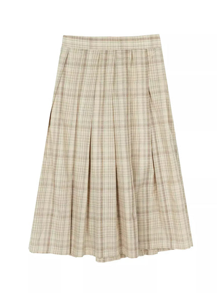 plaid-pleated-midi-skirt-iu509 / Beige