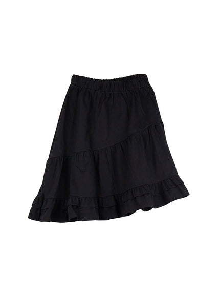 asymmetric-tiered-midi-skirt-ij527 / Black