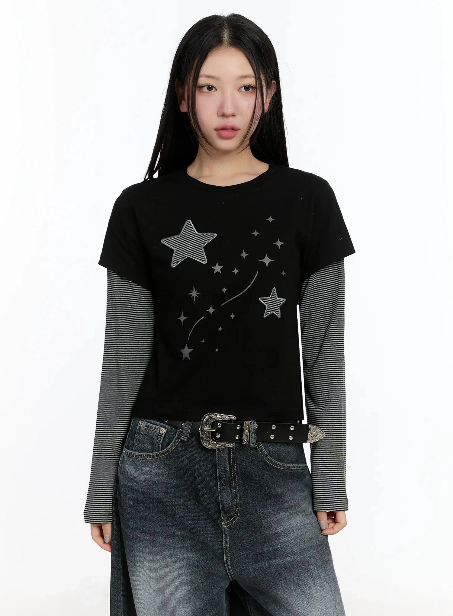 star-themed-layered-sleeve-top-im509 / Black