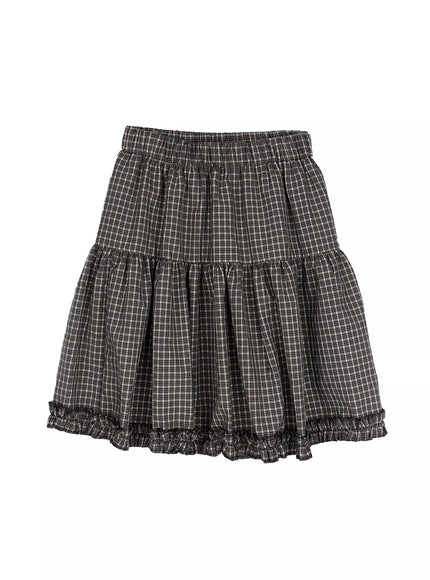 gingham-frill-midi-skirt-ia523 / Black