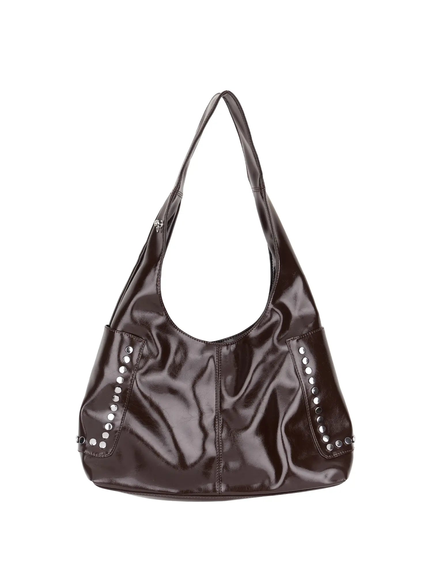 glossy-faux-leather-studded-shoulder-bag-cm520 / Dark brown