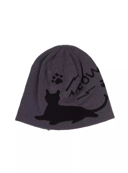 meow-print-two-way-beanie-iu518 / Dark gray