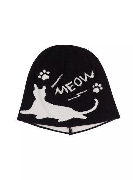 meow-print-two-way-beanie-iu518 / Black
