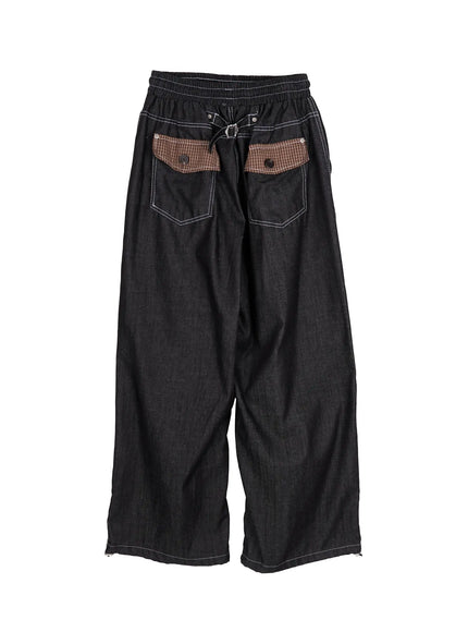 mens-plaid-pocket-drawstring-jeans-black-iu510