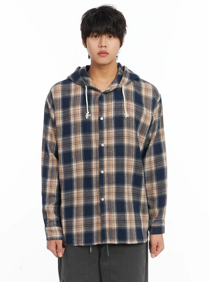 mens-plaid-hooded-flannel-ij512 / Dark blue