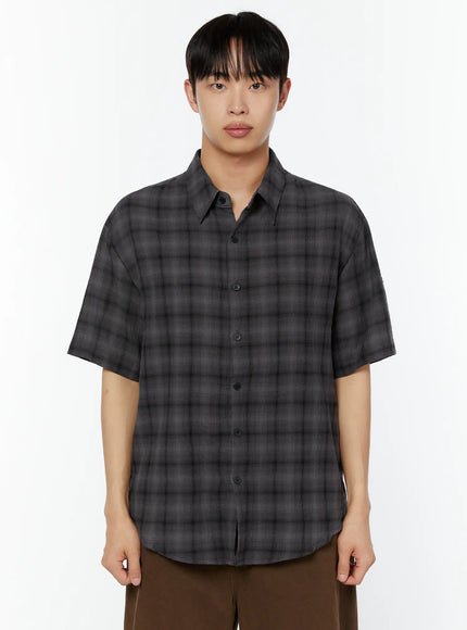 mens-rolled-sleeve-plaid-shirt-iu515 / Dark gray