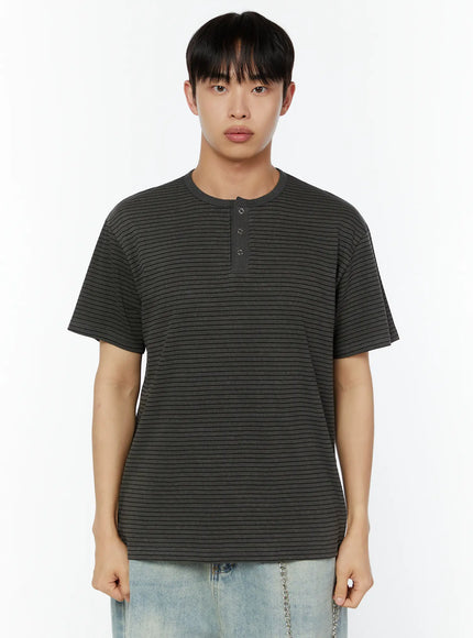 mens-casual-henley-striped-t-shirt-iu515 / Dark gray