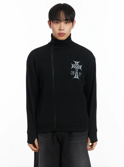 cross-print-high-neck-zip-up-cardigan-id515