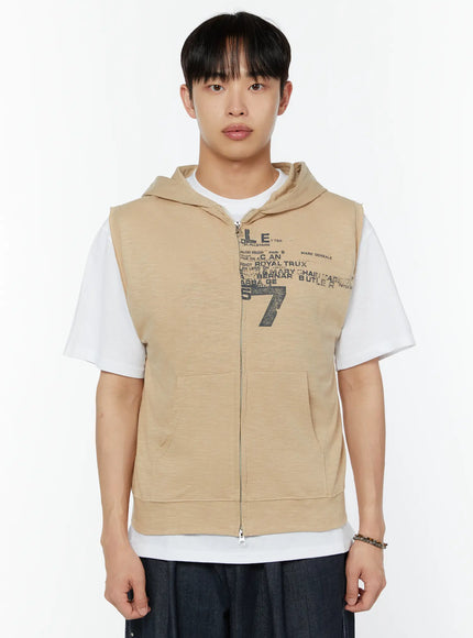 mens-hooded-zip-up-sleeveless-vest-iu516 / Beige