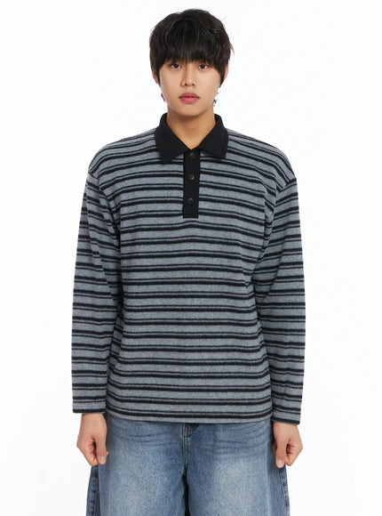 mens-striped-collar-fleece-sweater-ij512 / Black