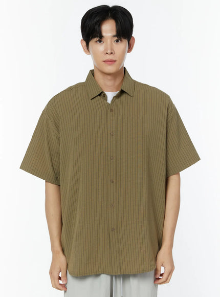 mens-striped-short-sleeve-shirt-iu504 / Dark beige