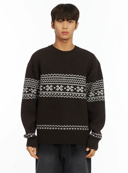 mens-snowflake-knit-sweater-ij514 / Dark brown