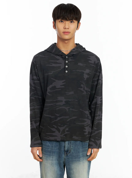mens-camo-henley-hoodie-if504 / Dark gray