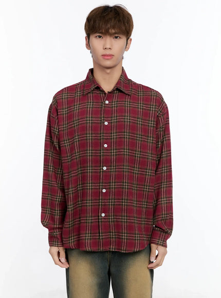 mens-plaid-button-up-shirt-in512 / Dark red