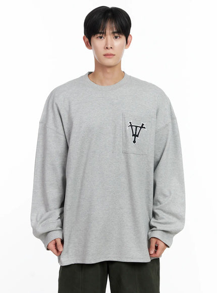 mens-casual-embroidered-pocket-long-sleeve-ij521 / Gray