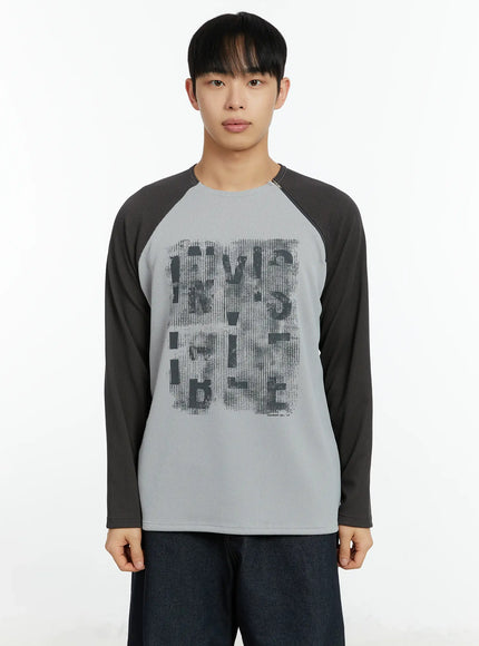 mens-graphic-print-ribbed-long-sleeve-top-if510 / Gray