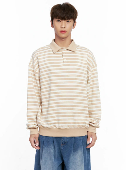 mens-striped-collared-sweatshirt-io502 / Light beige