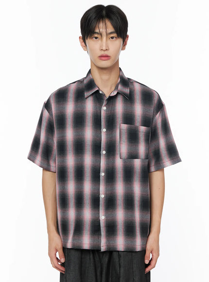 mens-plaid-short-sleeve-button-up-shirt-iu510 / Pink