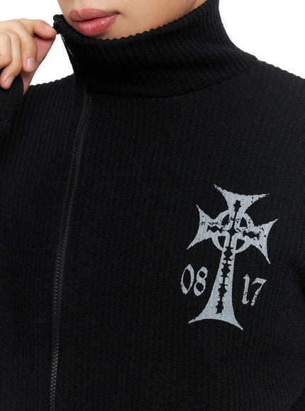 cross-print-high-neck-zip-up-cardigan-id515