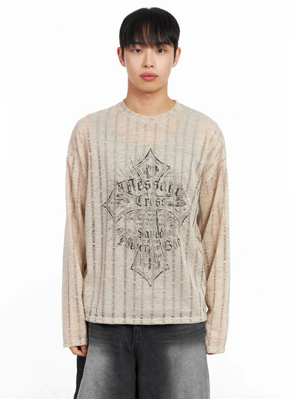mens-distressed-graphic-long-sleeve-top-im516 / Beige