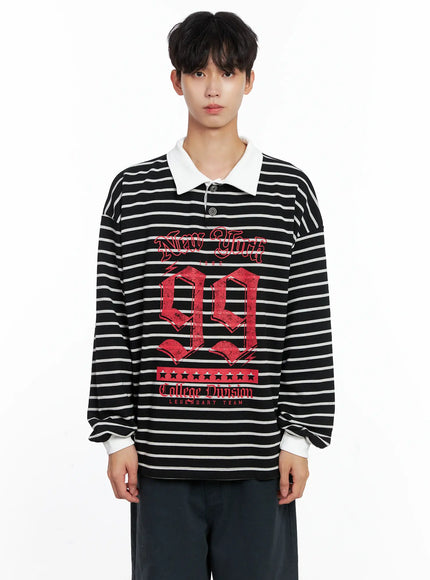 mens-striped-polo-long-sleeve-top-is519 / Black