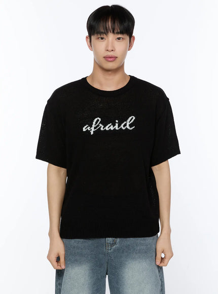 mens-casual-slogan-knit-shirt-ia517 / Black