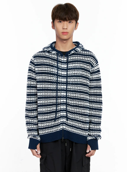 mens-striped-textured-double-zip-up-hoodie-io506 / Dark blue
