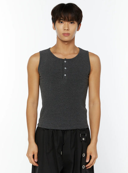 mens-ribbed-henley-tank-iy508 / Dark gray