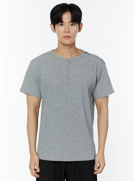 mens-ribbed-snap-shoulder-henley-t-shirt-iu508 / Gray