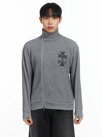 cross-print-high-neck-zip-up-cardigan-id515 / Gray