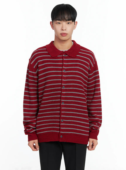 mens-stripe-knit-collared-cardigan-in518-1 / Red