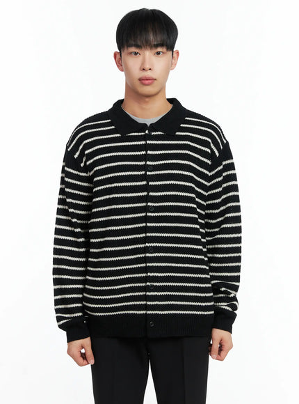 mens-stripe-knit-collared-cardigan-in518-1 / Black