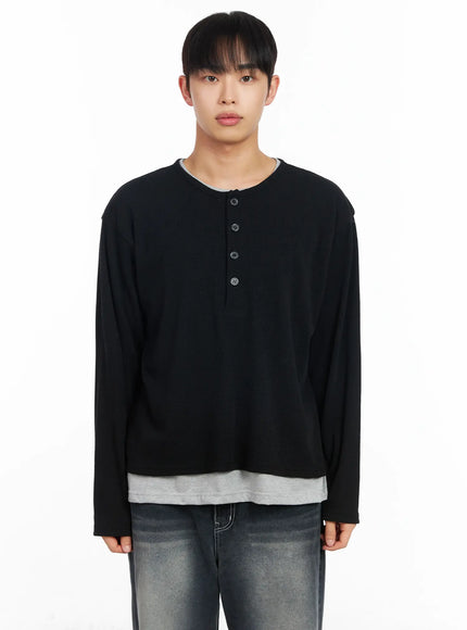 mens-layered-waffle-henley-long-sleeve-tee-im511 / Black