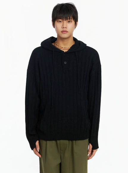 mens-ribbed-knit-thumbhole-hoodie-ij527 / Black