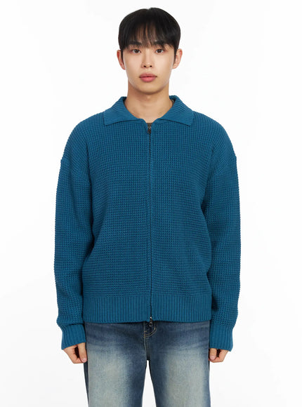 mens-waffle-knit-zip-up-cardigan-im511 / Blue