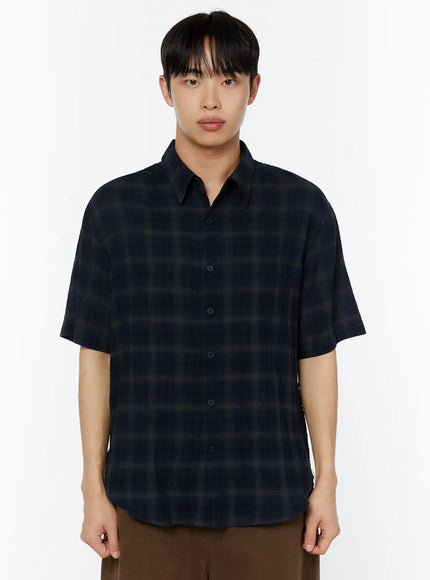 mens-rolled-sleeve-plaid-shirt-iu515 / Dark blue
