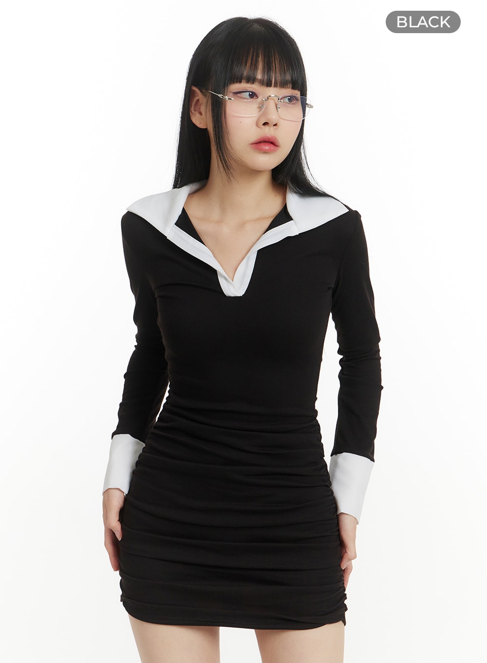 Two Tone Slim Collar Mini Dress IM406 - Korean Women's Fashion | LEWKIN