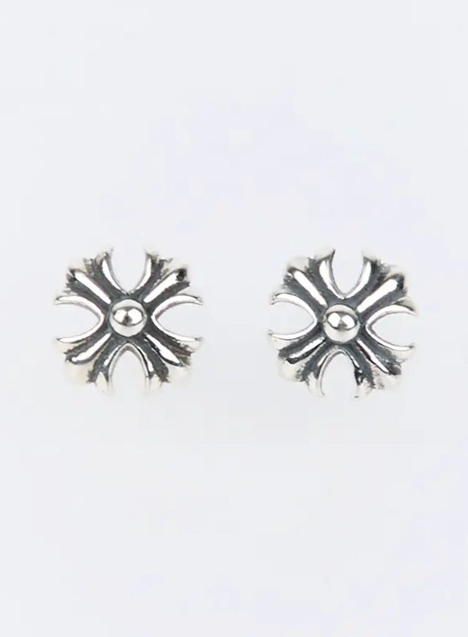 Delacroix Earring IU503 in silver, flat product shot of pair, ornate floral cross stud design with center ball detail, antiqued finish.
