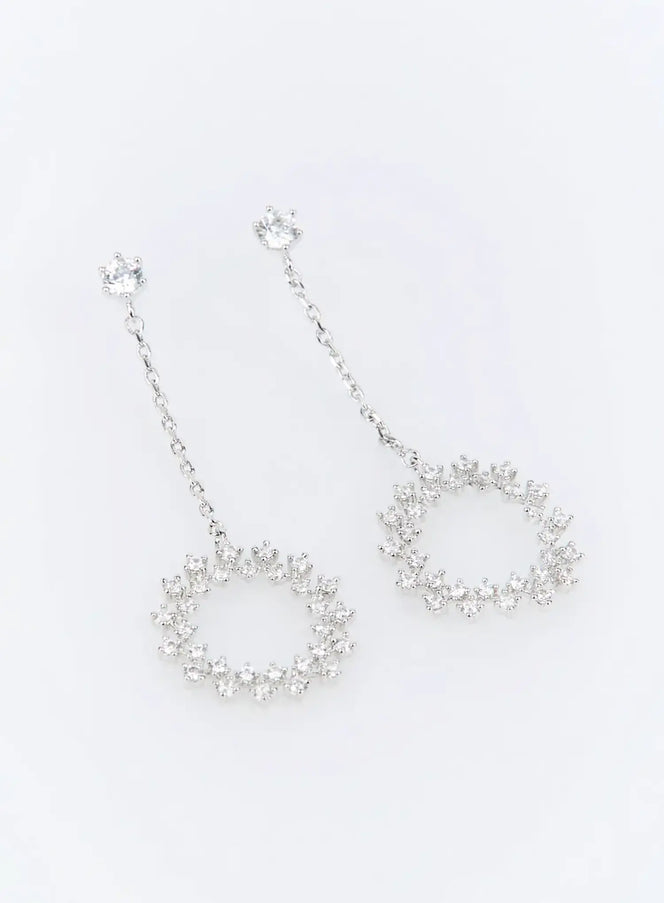 Erasmus Earring IU503 in silver, flat product shot of both earrings, showing crystal stud top, fine cable chain, and open oval CZ-encrusted hoop pendant side by side.