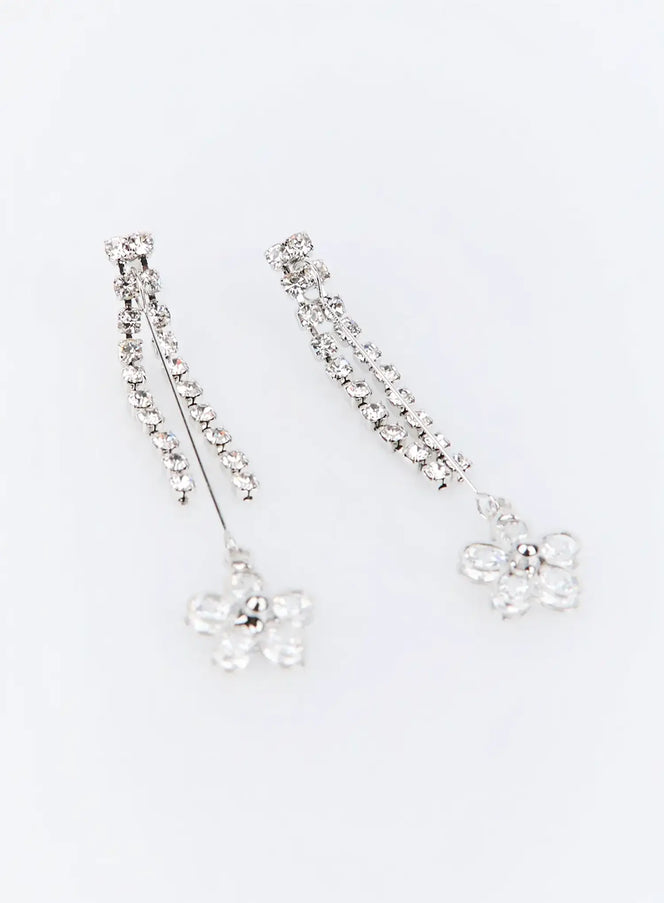 Fitzgerald Earring IU503 in silver, flat product shot of pair, double rhinestone chain strands with crystal flower drop charm, full-length view showing both earrings.