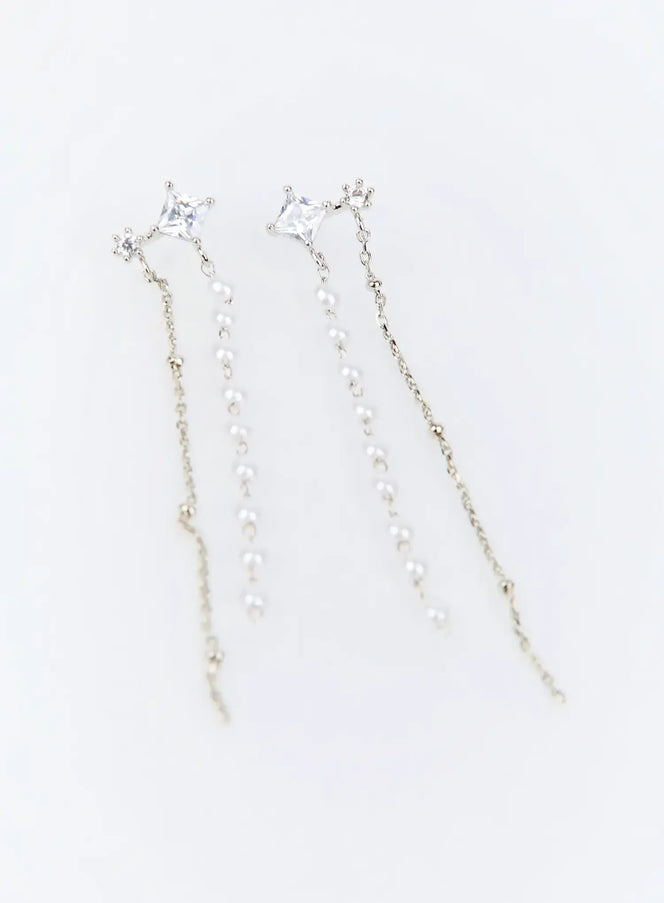 Franklin Earring IU503 in silver, flat product shot of pair, square CZ stud with dual drop chains—pearl-beaded and delicate link chain, all-season feminine design.
