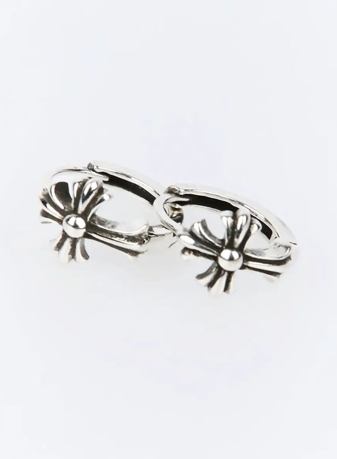 LEWKIN Theo Earring IU503 in silver, product flat shot of pair, huggie hoops with oxidized cross charm detail, minimal acubi style.