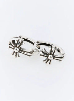 LEWKIN Theo Earring IU503 in silver, product flat shot of pair, huggie hoops with oxidized cross charm detail, minimal acubi style.